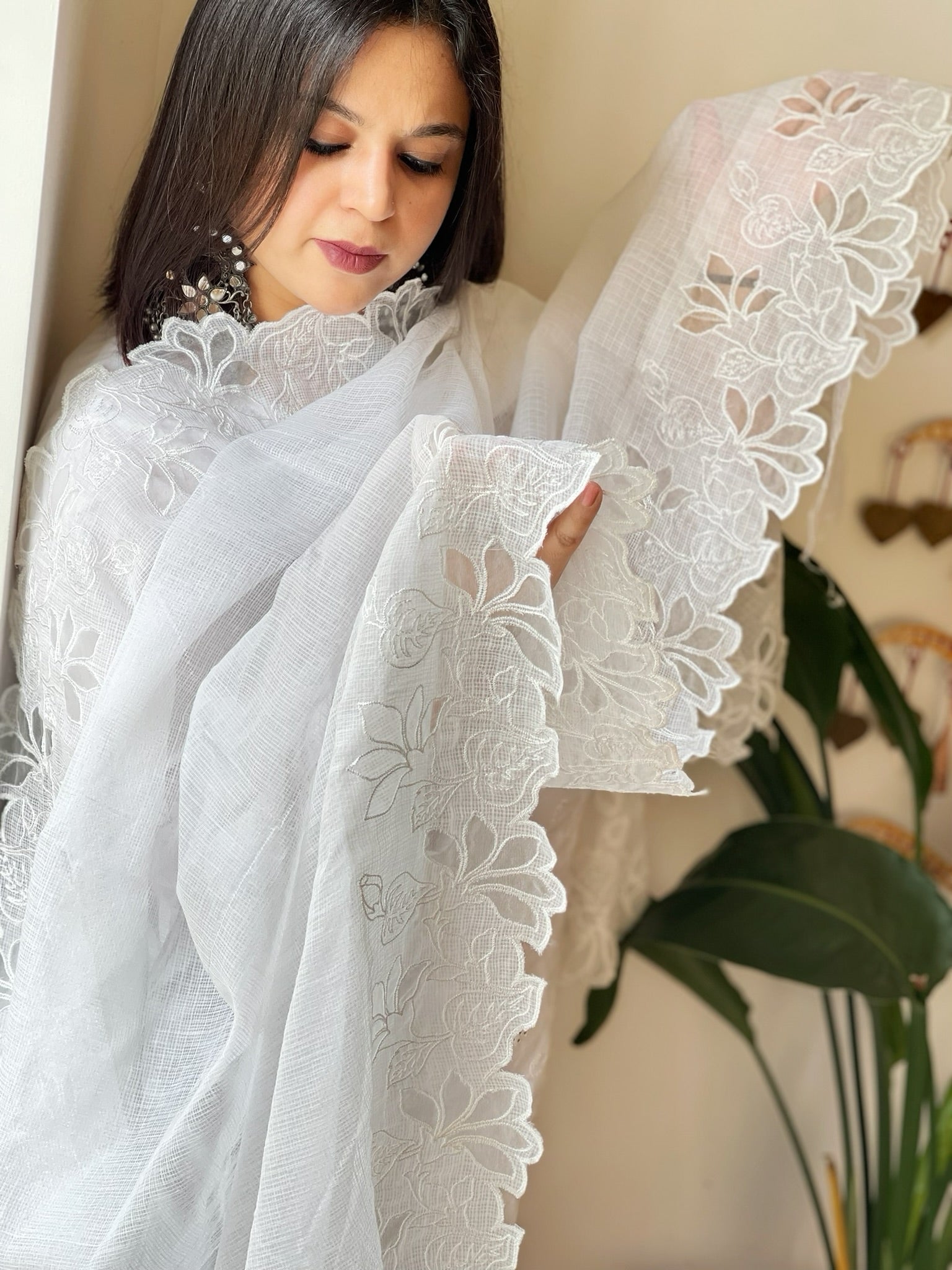 White Kota Cotton Dupatta with Cut Work - Masakalee