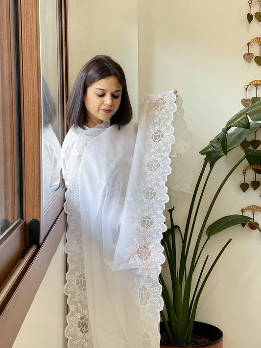 White Kota Cotton Dupatta with Cut Work - Masakalee