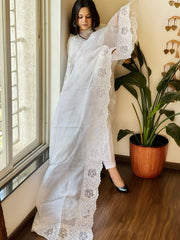 White Kota Cotton Dupatta with Cut Work - Masakalee