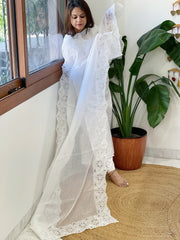 White Kota Cotton Dupatta with Cut Work - Masakalee