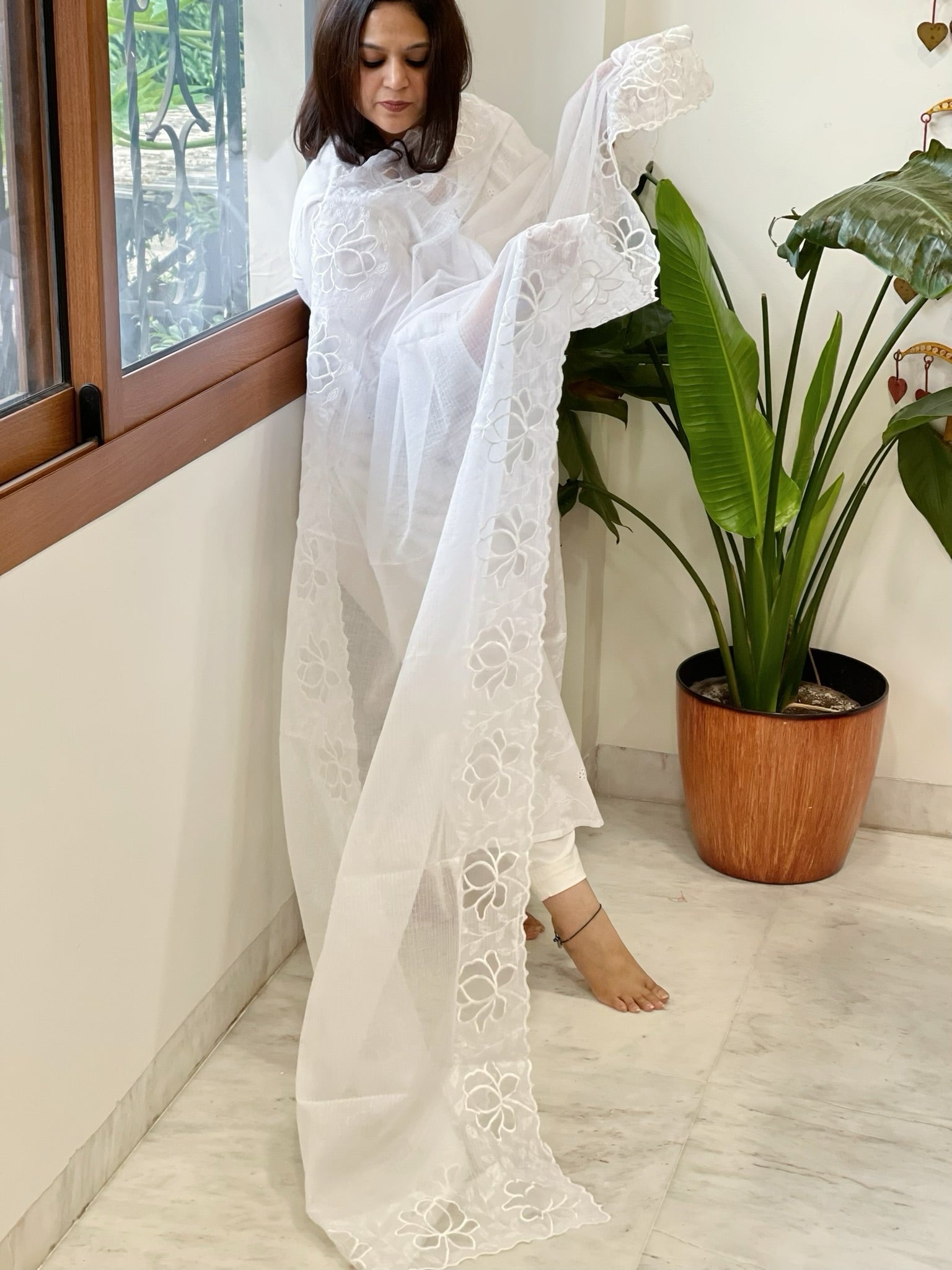 White Kota Cotton Dupatta with Cut Work - Masakalee