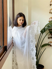 White Kota Cotton Dupatta with Cut Work - Masakalee