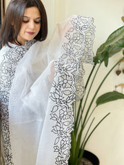 White Kota Cotton Dupatta with Cut Work - Masakalee