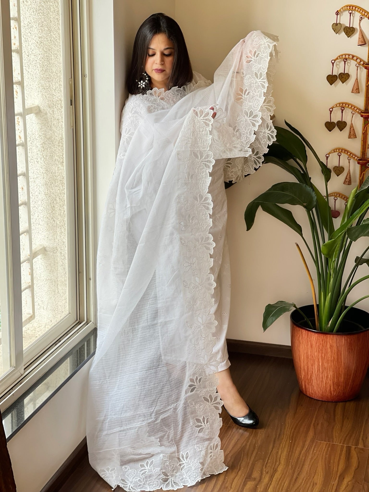 White Kota Cotton Dupatta with Cut Work - Masakalee