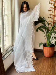 White Kota Cotton Dupatta with Cut Work - Masakalee