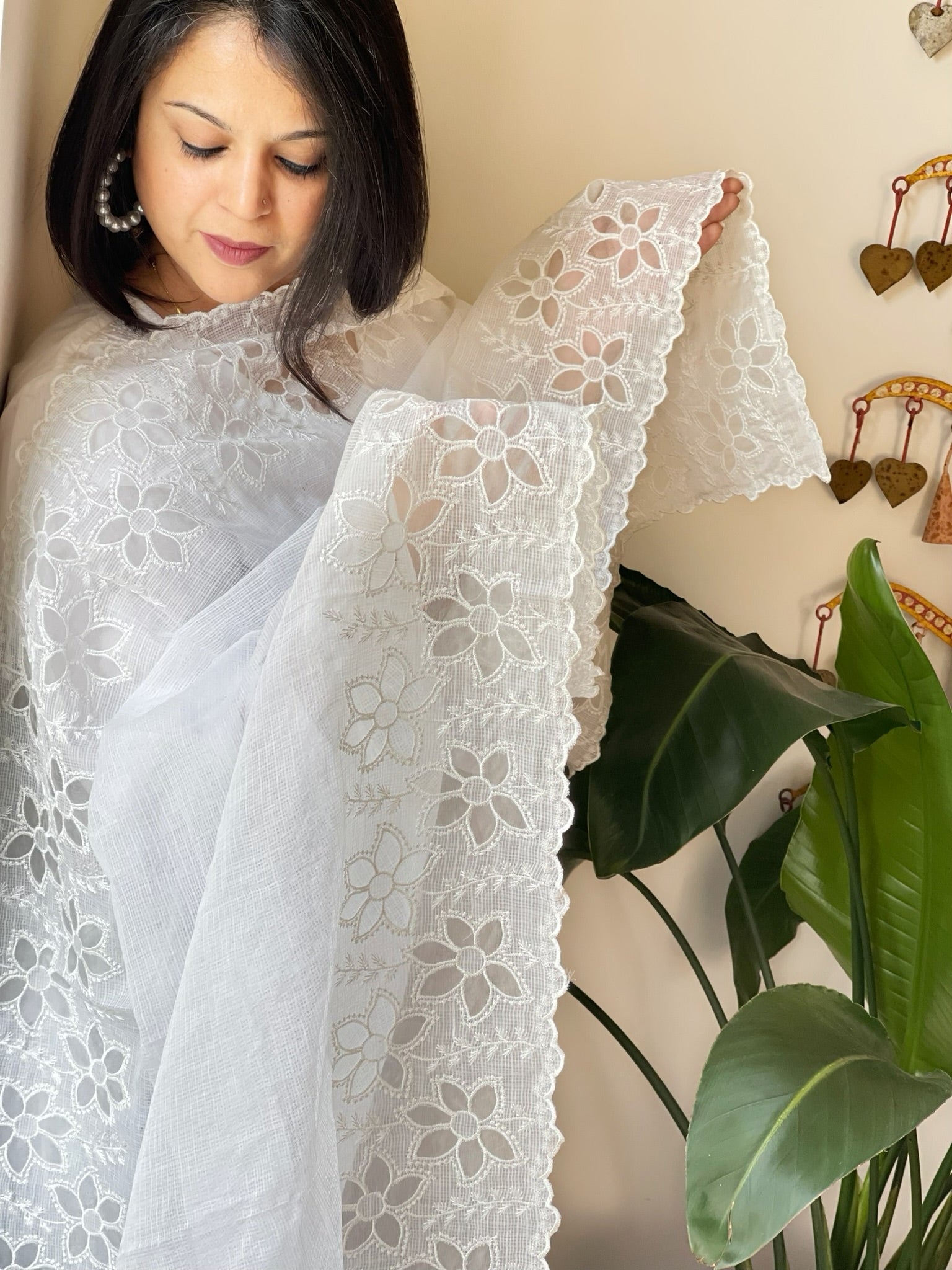 White Kota Cotton Dupatta with Cut Work - Masakalee