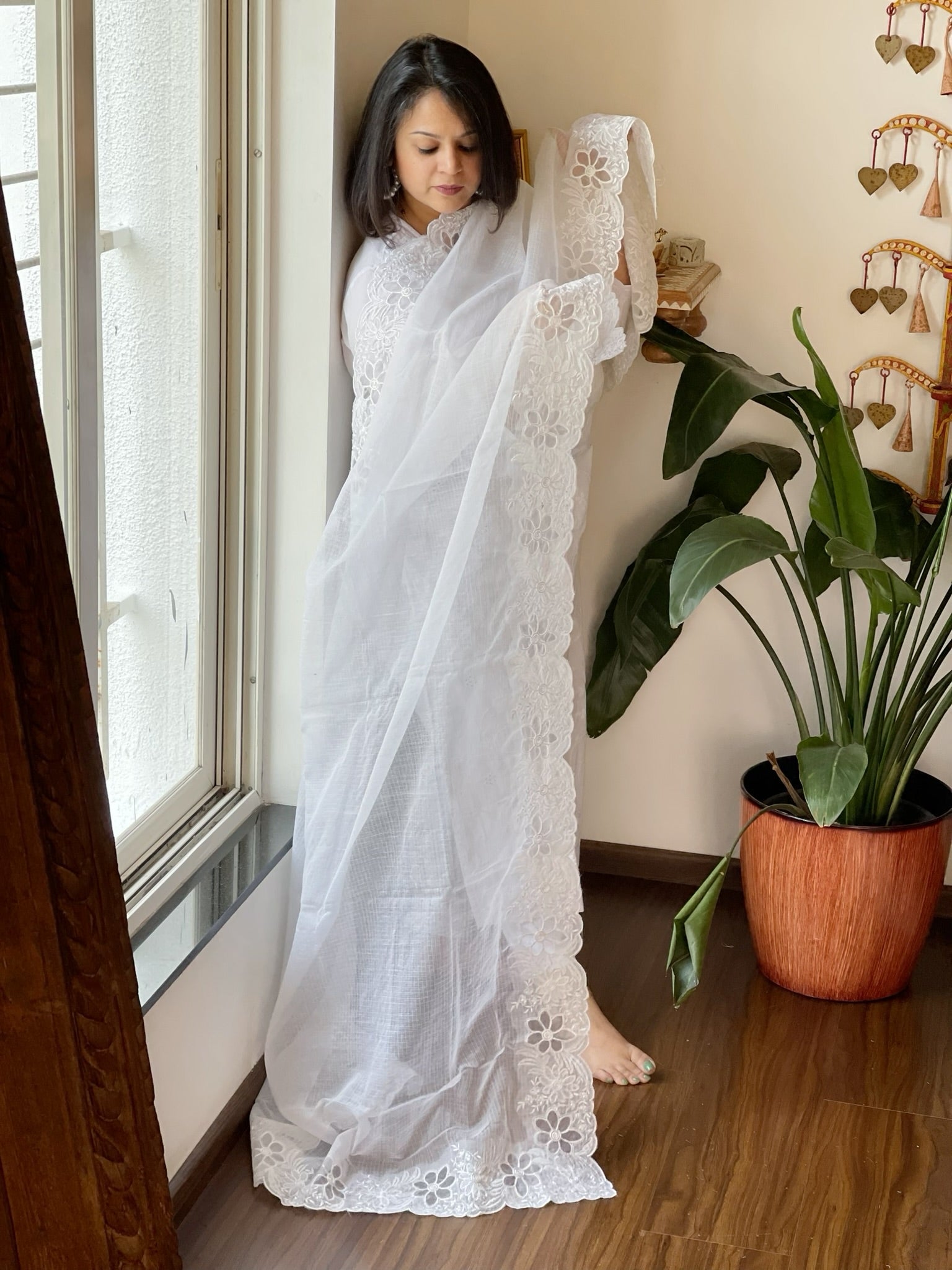 White Kota Cotton Dupatta with Cut Work - Masakalee