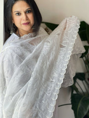 White Kota Cotton Dupatta with Cut Work Jaal - Masakalee