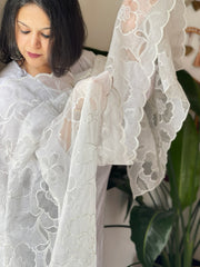 White Kota Cotton Dupatta with Cut Work Jaal - Masakalee