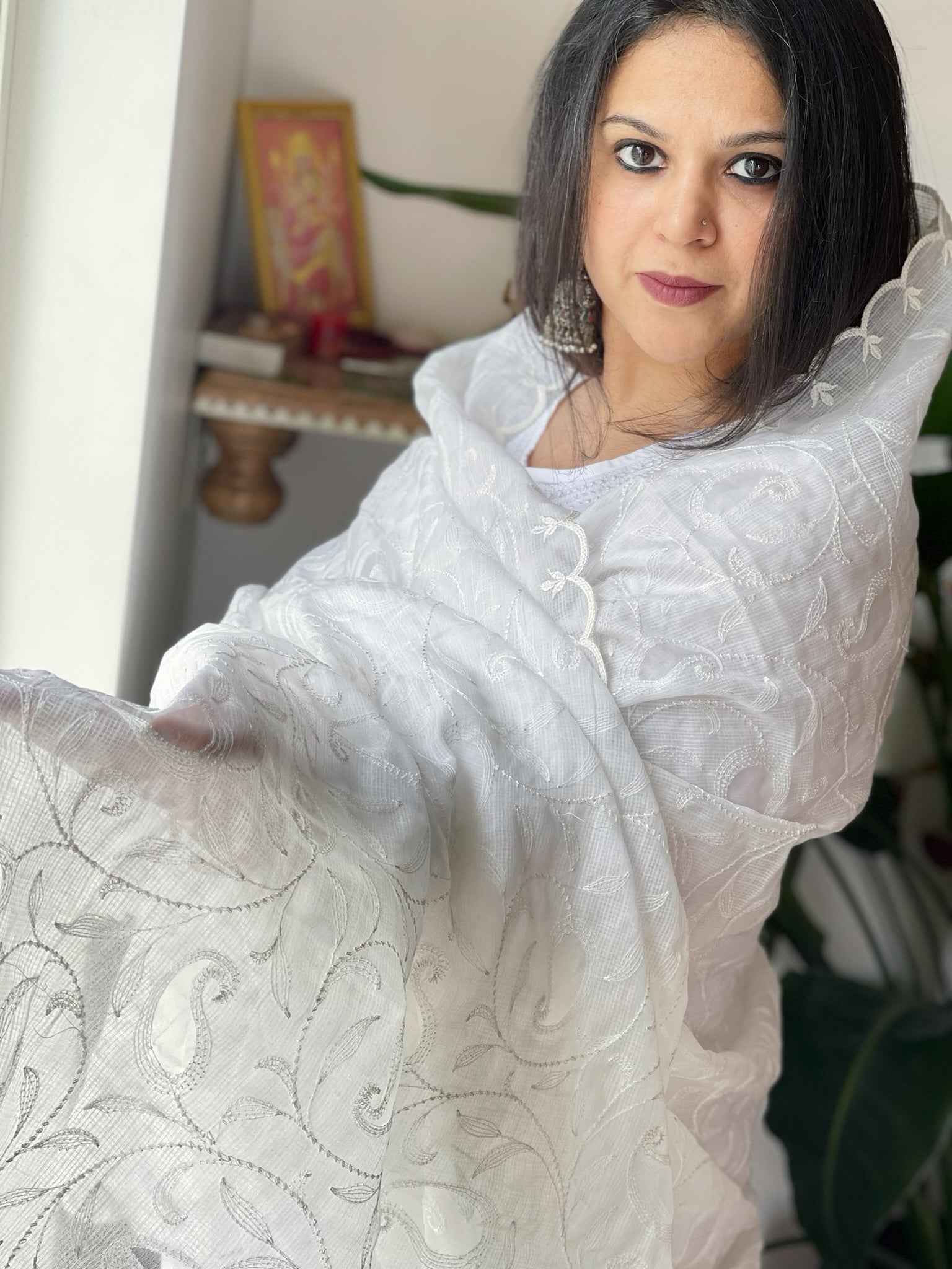 White Kota Cotton Dupatta with Cut Work Jaal - Masakalee