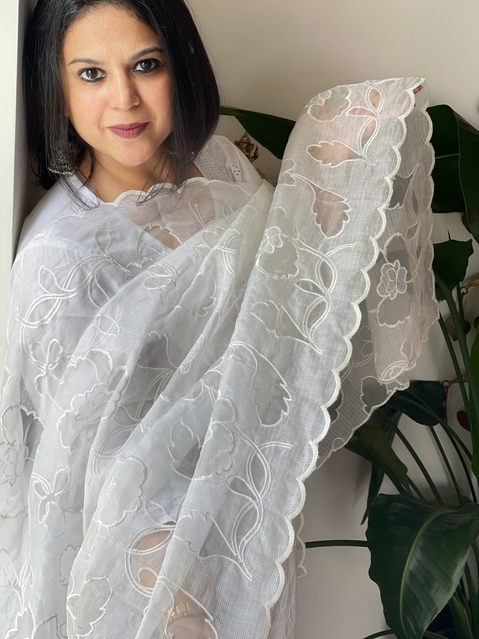 White Kota Cotton Dupatta with Cut Work Jaal - Masakalee