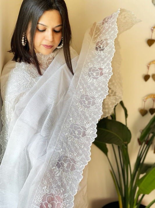 White Kota Cotton Dupatta with Mirror and Cut Work - Masakalee