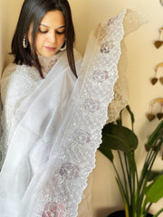 White Kota Cotton Dupatta with Mirror and Cut Work - Masakalee
