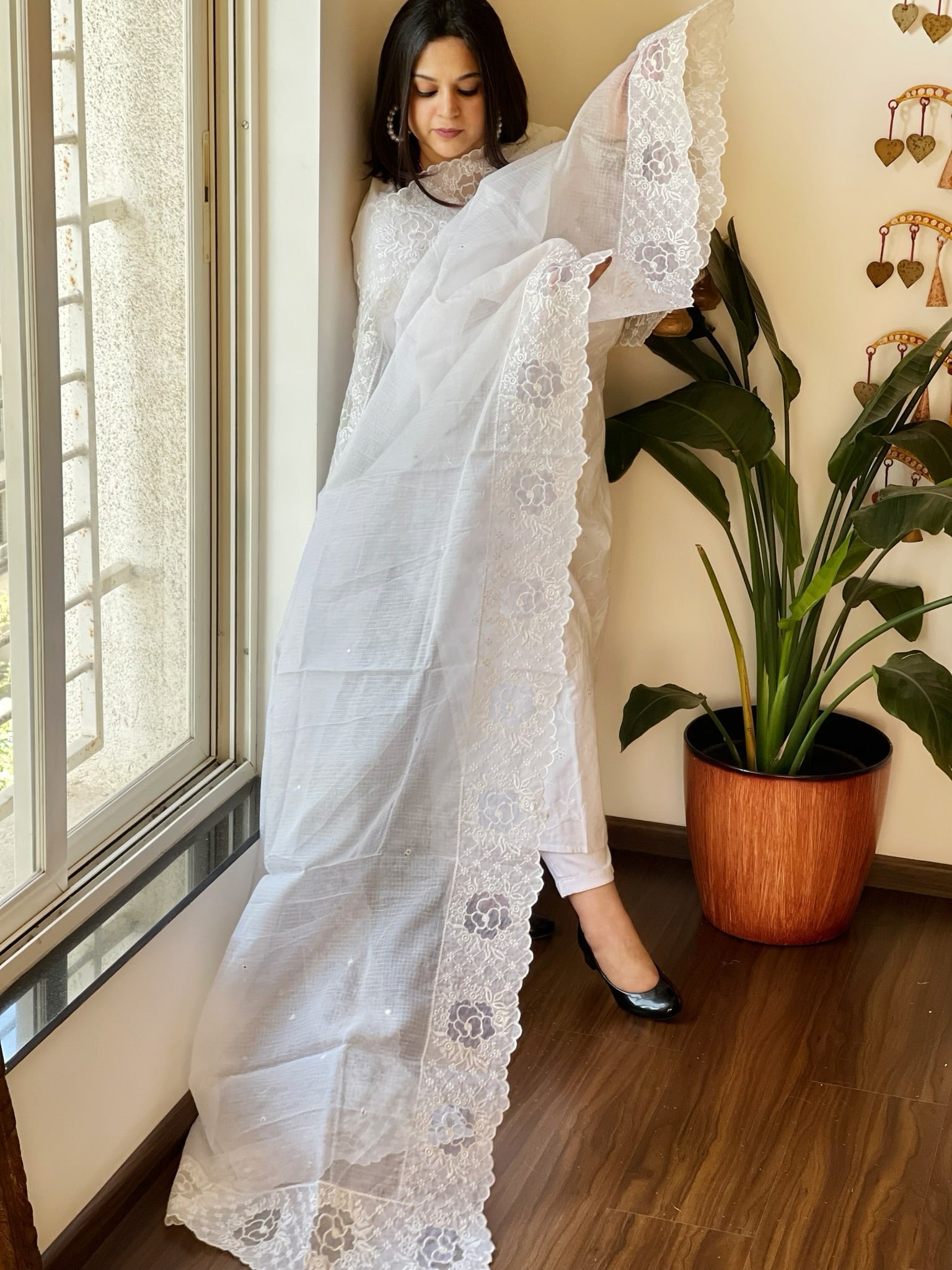 White Kota Cotton Dupatta with Mirror and Cut Work - Masakalee