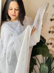 White Kota Cotton Dupatta with Sequin Embroidery - Masakalee