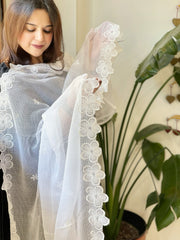 White Kota Cotton Dupatta with Thread Embroidery - Masakalee