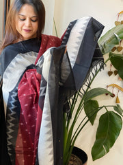 White, Maroon Handwoven Ikat Dupatta in Cotton - Masakalee