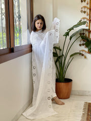 White Mul Cotton Dupatta with Cut Work - Masakalee