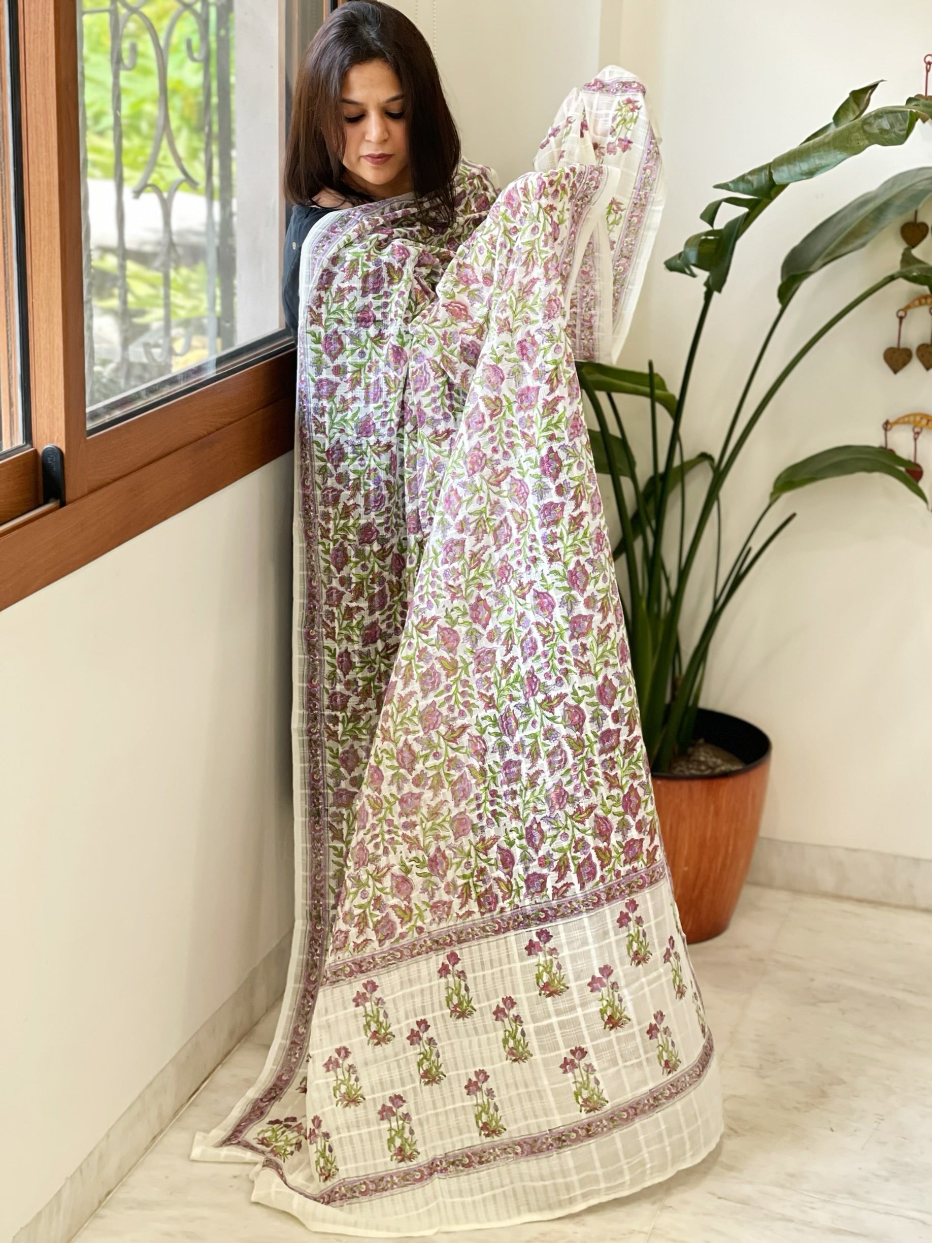 White Mul Cotton Handblock Printed Dupatta - Masakalee