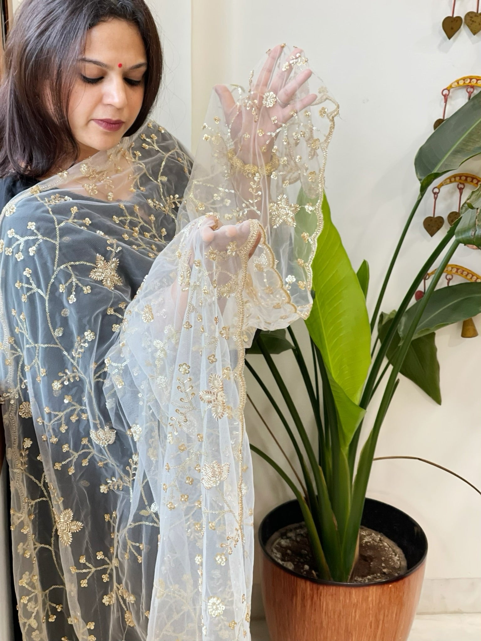 White Net Dupatta with Sequin and Cut Daana Embroidery - Masakalee