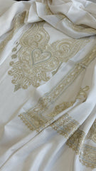 White Winter Suit Set with Aari Work in Pashmina Wool - Masakalee
