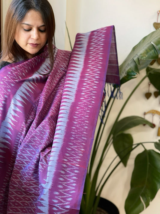Wine, Grey Handwoven Ikat Dupatta in Cotton - Masakalee