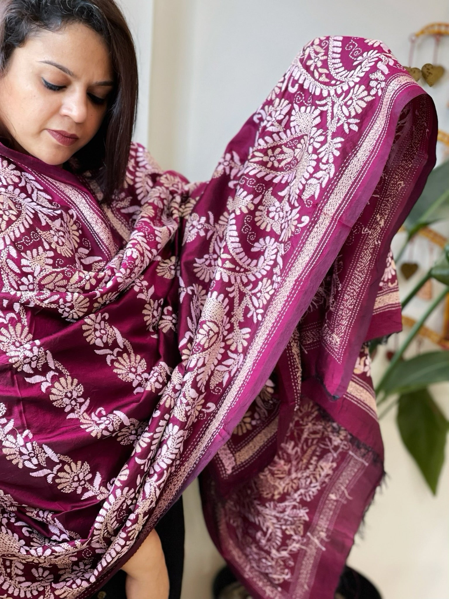 Wine Handmade Nakshi Kantha Dupatta in Pure Silk - Masakalee