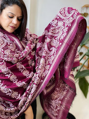 Wine Handmade Nakshi Kantha Dupatta in Pure Silk - Masakalee