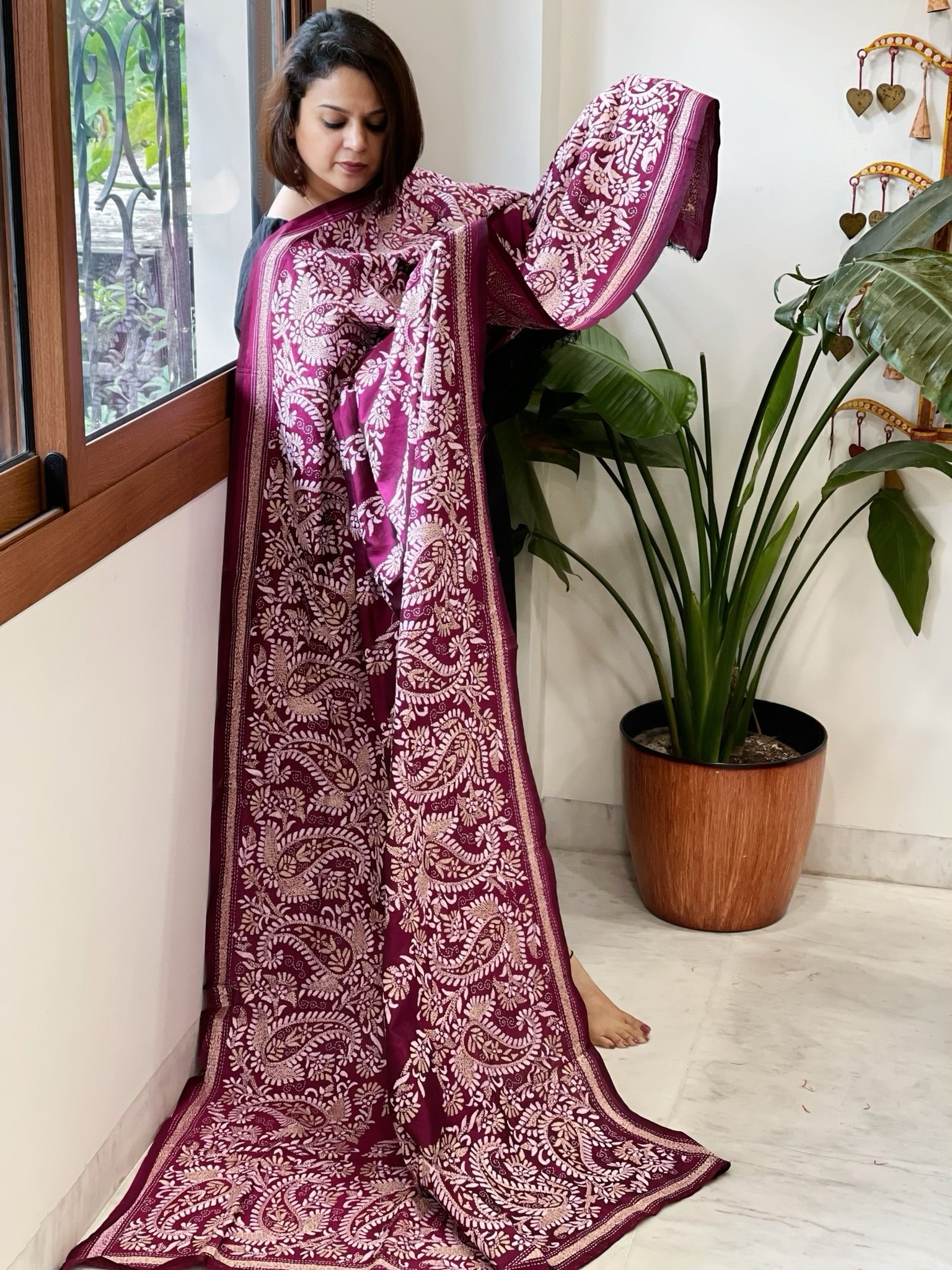 Wine Handmade Nakshi Kantha Dupatta in Pure Silk - Masakalee