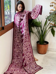 Wine Handmade Nakshi Kantha Dupatta in Pure Silk - Masakalee