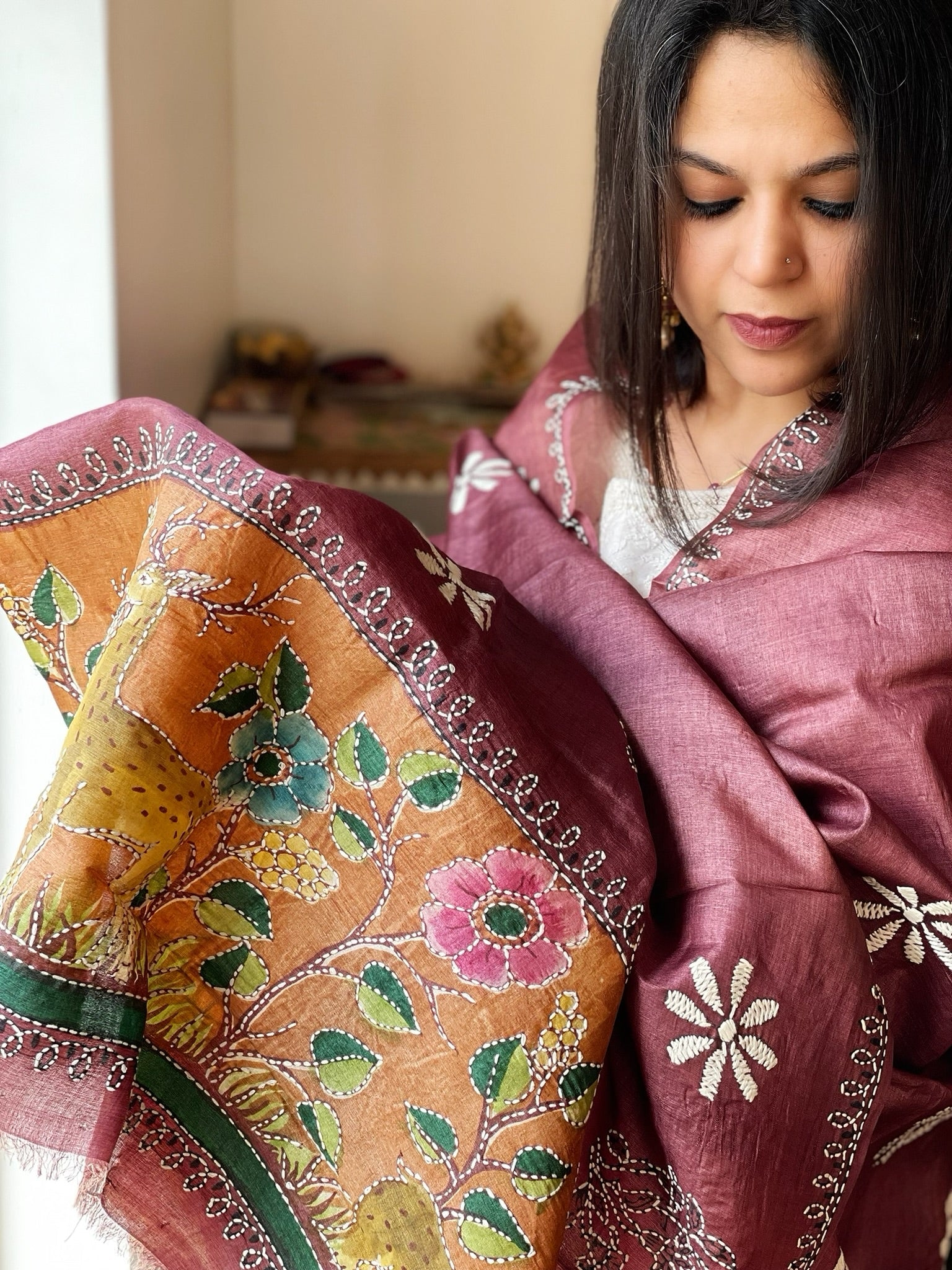 Wine Handpainted Dupatta with Kantha Hand Embroidery in Pure Silk - Masakalee