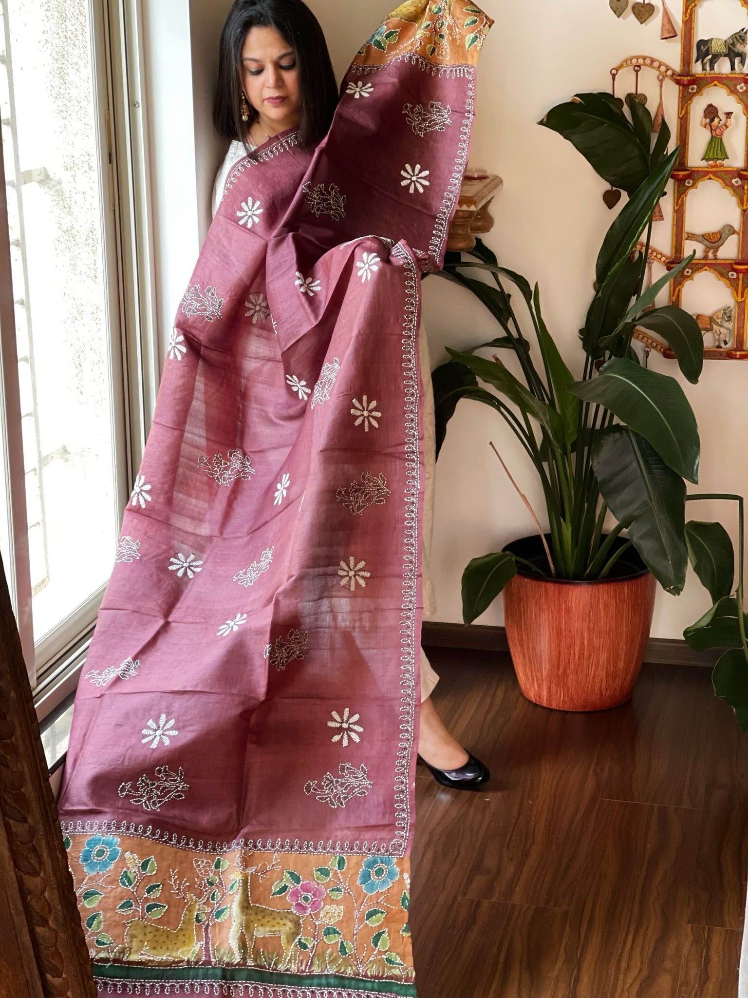Wine Handpainted Dupatta with Kantha Hand Embroidery in Pure Silk - Masakalee