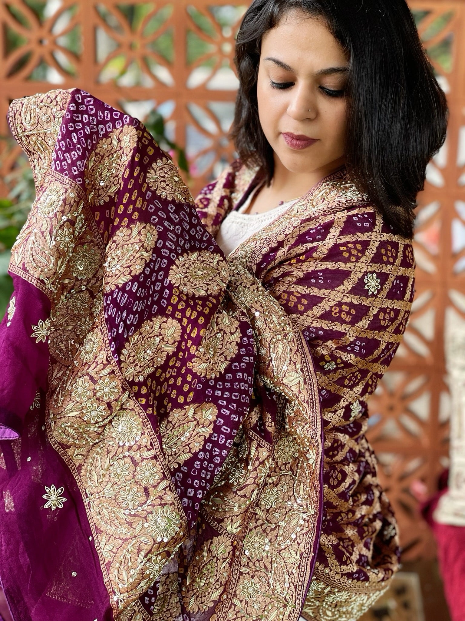 Wine Handwoven NeemZari Bareek Bandhani with Dabka Handwork in Pure Georgette - Masakalee