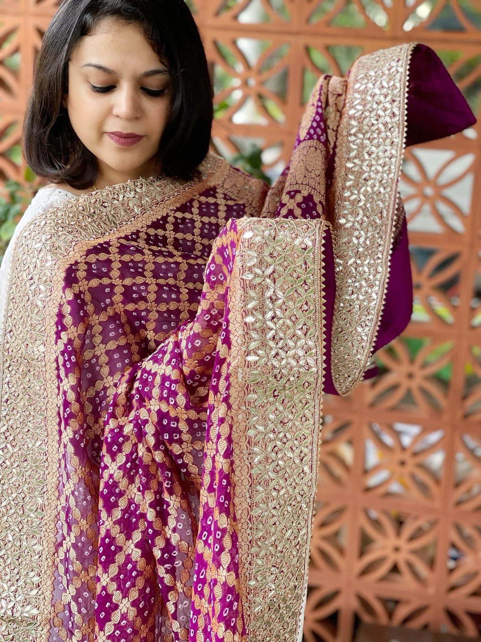 Wine Handwoven NeemZari Bareek Bandhani with Gotapatti Handwork in Pure Georgette - Masakalee