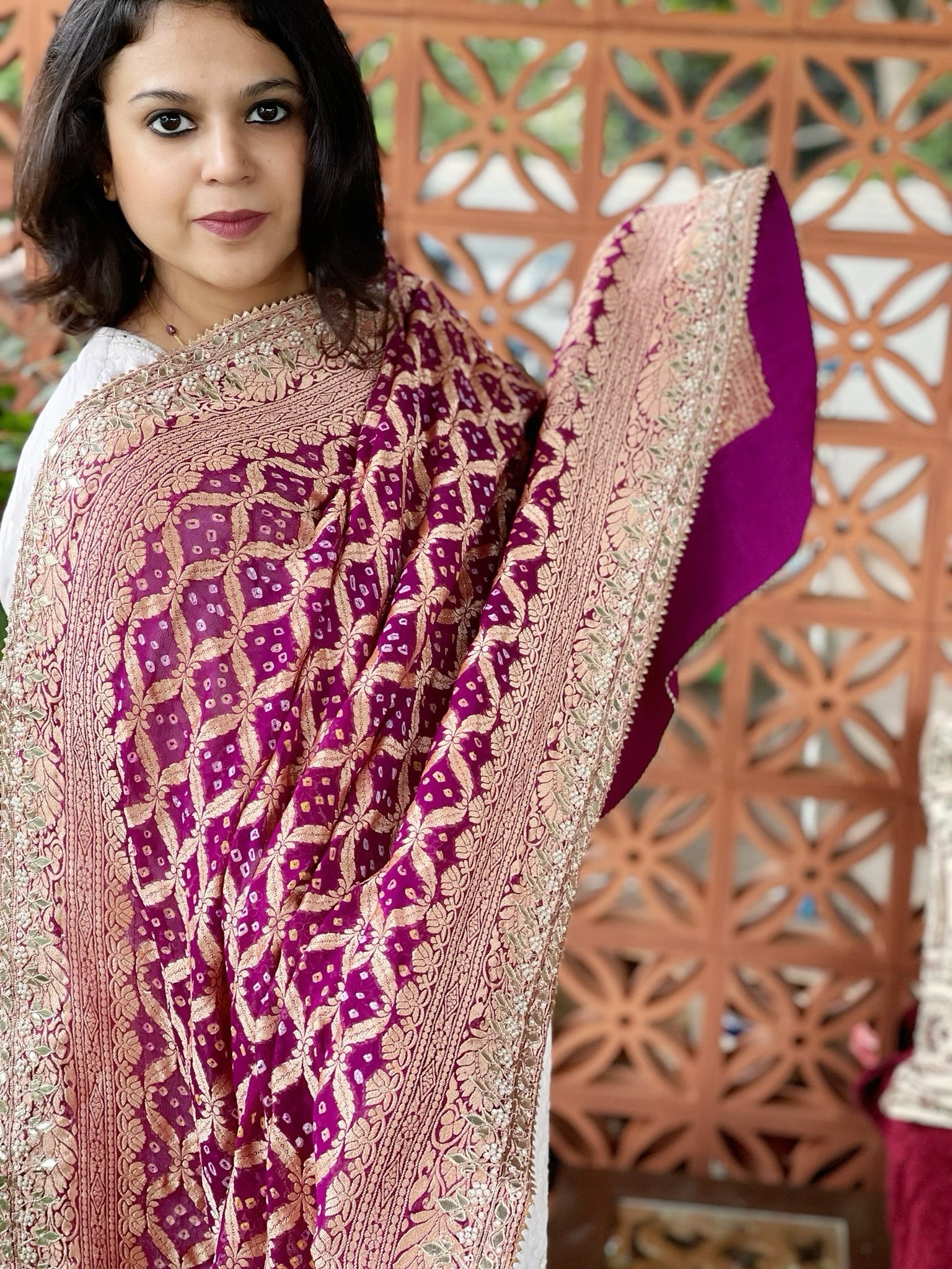 Wine Handwoven NeemZari Bareek Bandhani with Gotapatti Handwork in Pure Georgette - Masakalee