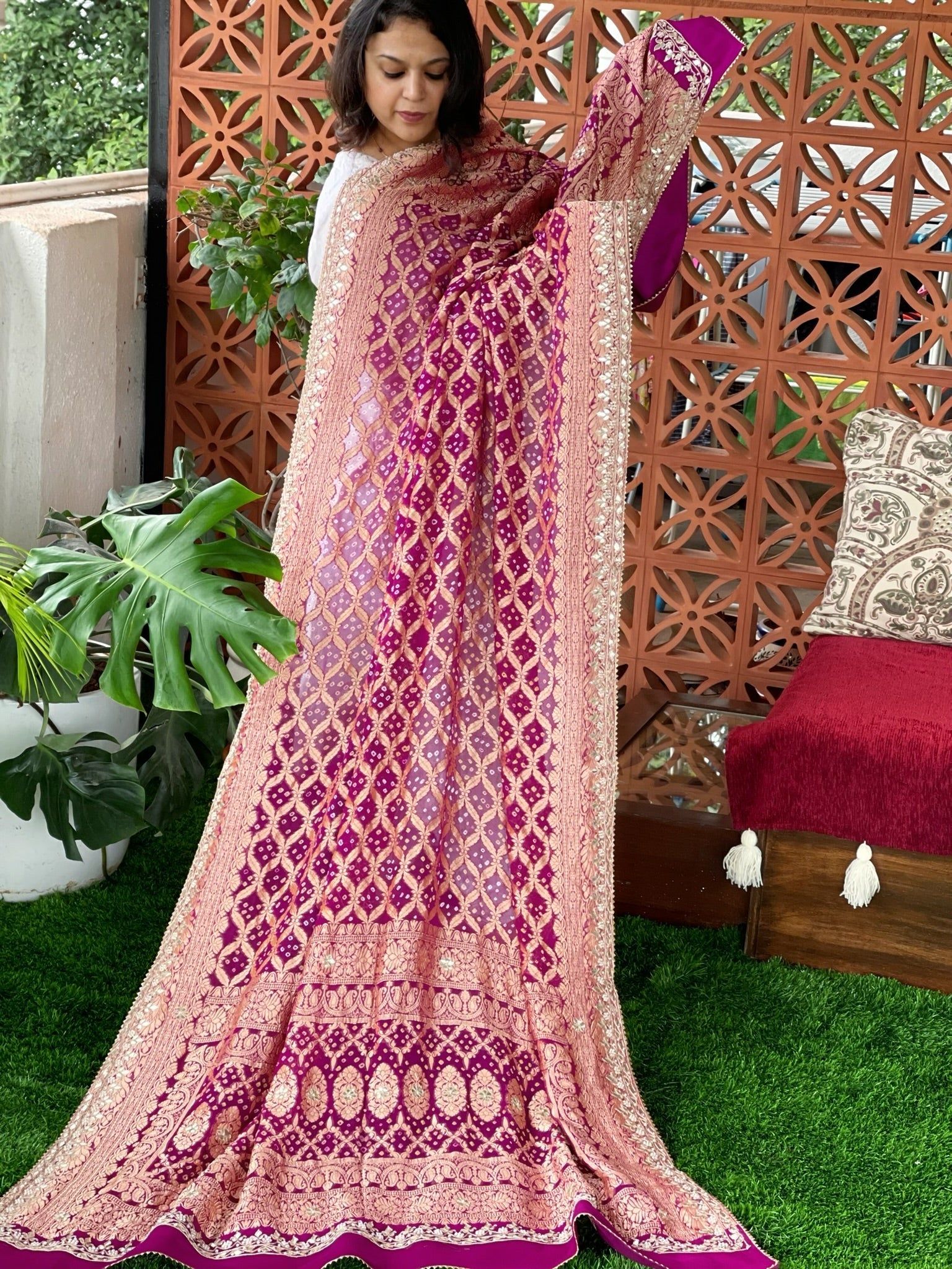 Wine Handwoven NeemZari Bareek Bandhani with Gotapatti Handwork in Pure Georgette - Masakalee