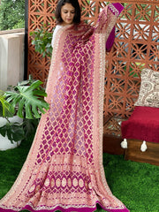 Wine Handwoven NeemZari Bareek Bandhani with Gotapatti Handwork in Pure Georgette - Masakalee