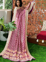 Wine Handwoven NeemZari Bareek Bandhani with Gotapatti Handwork in Pure Georgette - Masakalee