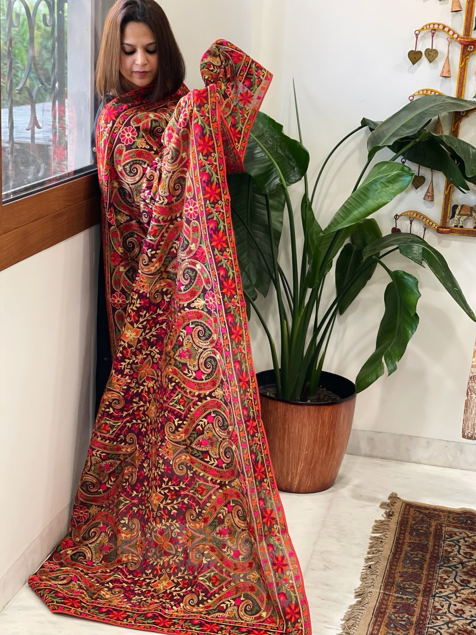 Wine Kashmiri Aari Embroidery dupatta in Georgette - Masakalee