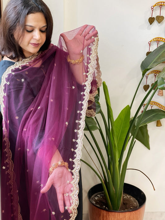 Wine Net Dupatta with Pearl, Sequin and Cut Daana Embroidery - Masakalee