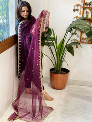 Wine Net Dupatta with Pearl, Sequin and Cut Daana Embroidery - Masakalee