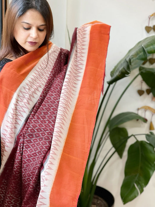 Wine, Orange Handwoven Ikat Dupatta in Cotton - Masakalee