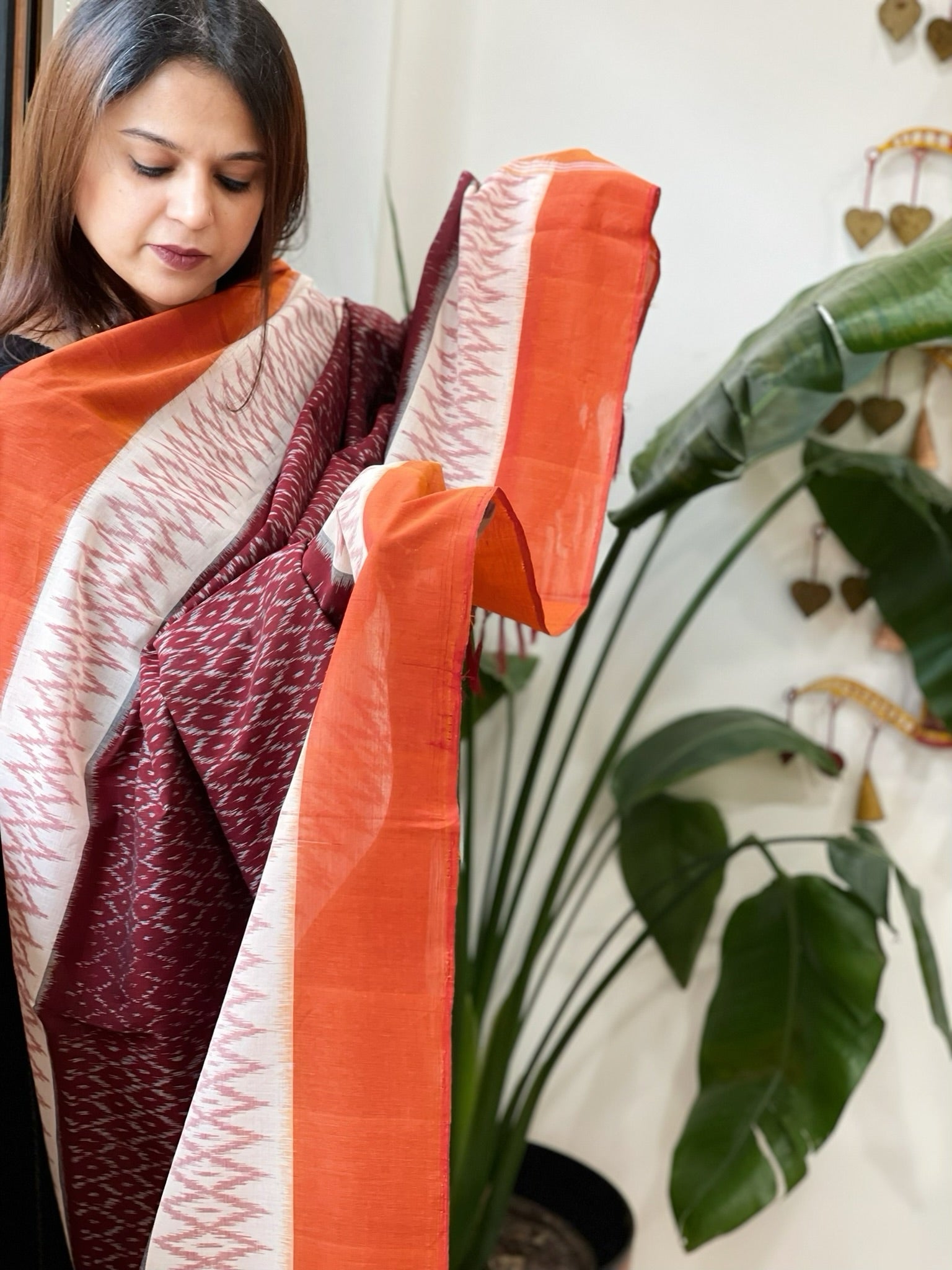 Wine, Orange Handwoven Ikat Dupatta in Cotton - Masakalee