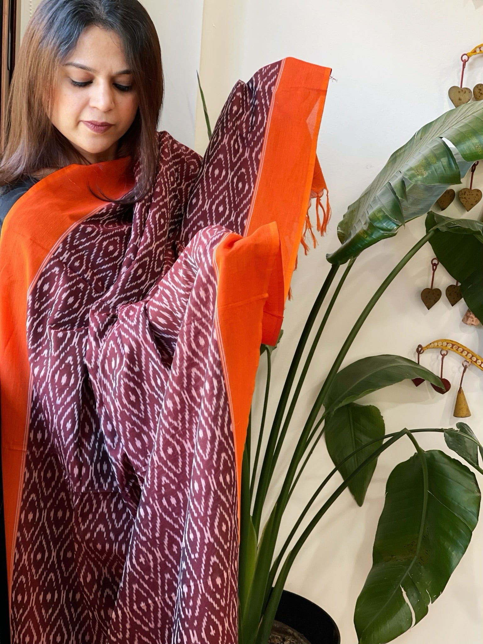 Wine, Orange Handwoven Ikat Dupatta in Cotton - Masakalee