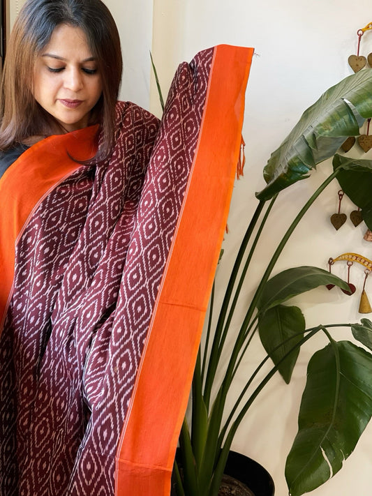 Wine, Orange Handwoven Ikat Dupatta in Cotton - Masakalee