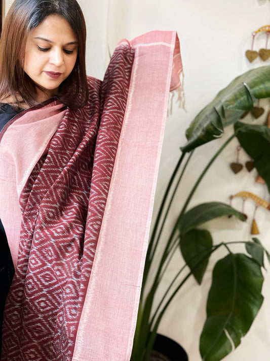 Wine, Pink Handwoven Ikat Dupatta in Cotton - Masakalee