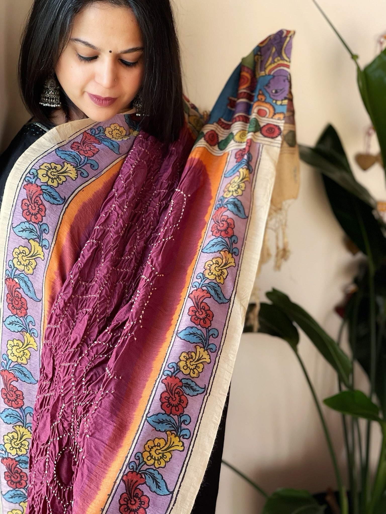 Wine Rai Bandhej Dupatta with Handpainted Kalamkari Pallu in Pure Muga Silk - Masakalee