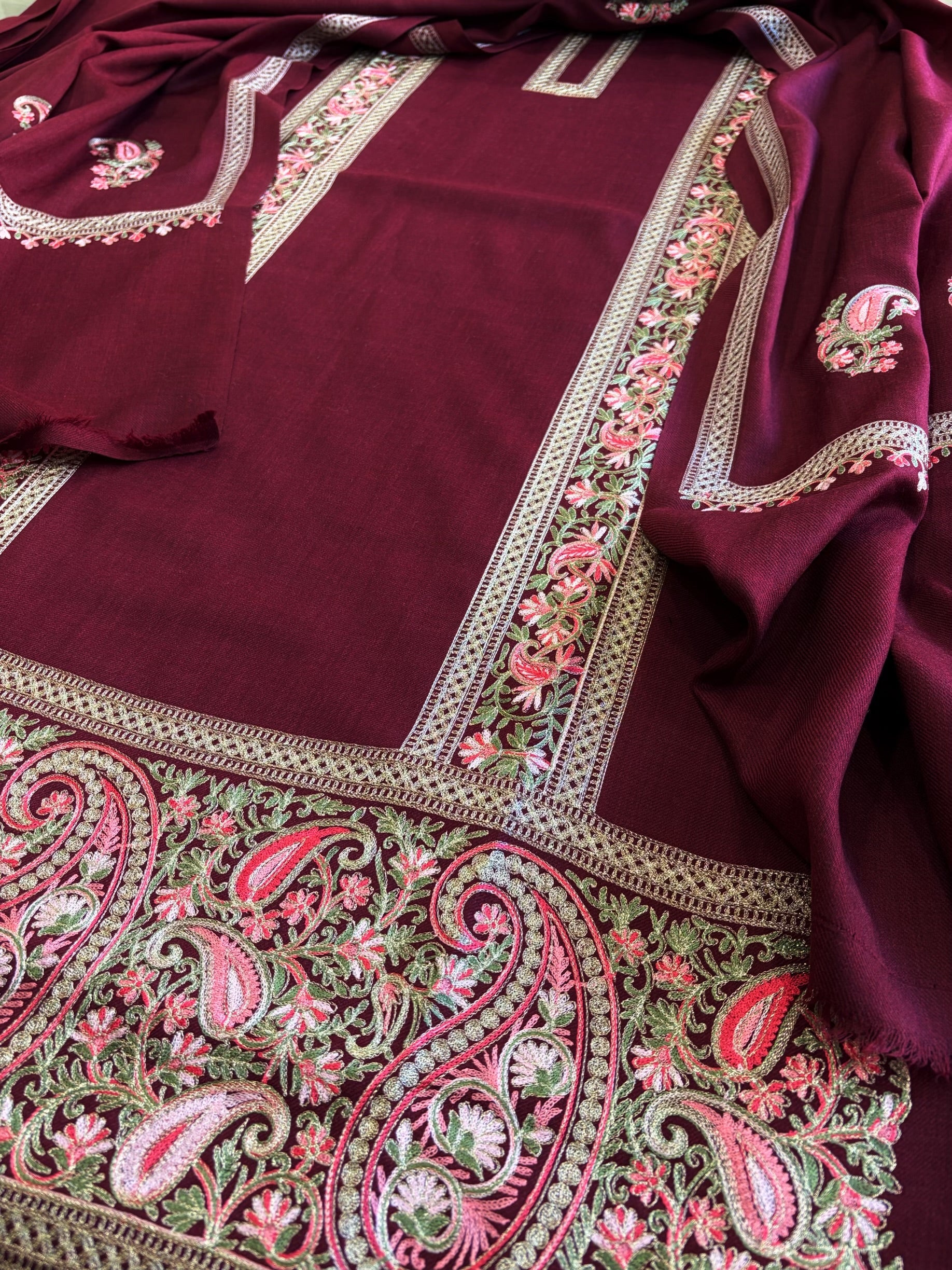 Wine Winter Suit Set with Aari Work in Pashmina Wool - Masakalee