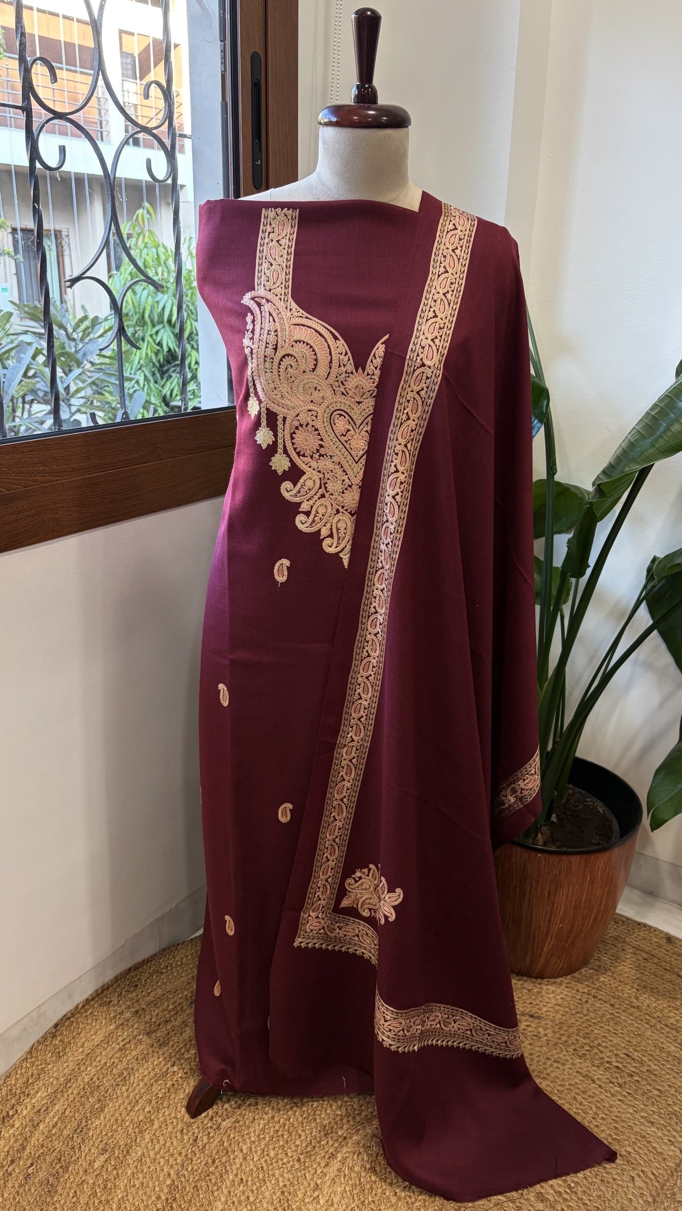 Wine Winter Suit Set with Aari Work in Pashmina Wool - Masakalee