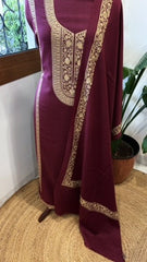 Wine Winter Suit Set with Aari Work in Pashmina Wool - Masakalee
